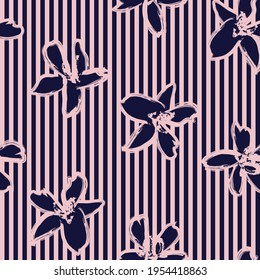 Pastel Floral tropical botanical seamless pattern with striped background for fashion textiles and graphics