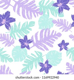 Pastel Floral Vector Illustration with Palm Leaves and Exotic Flowers 