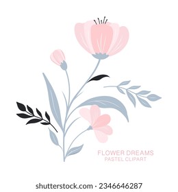 Pastel flower dreams, vector illustration, pastel clipart, vector pink floral bouquet