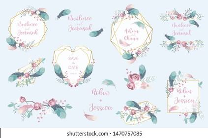 Pastel Flower Frame Set Flowerfeatherleaveswreathgeometricvector ...