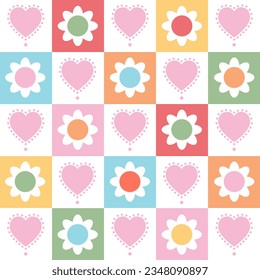 Pastel flower and heart vector illustration 80's 90's vintage art style doodle seamless pattern, Graphic element for fabric, textile, clothing, wrapping paper, wallpaper, poster. SHOTLISTretro.