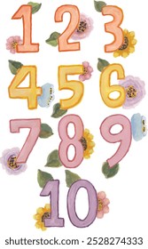 Pastel flower number hand drawn watercolour illustration clipart