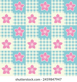 Pastel flower seamless pattern on gingham tartan plaid texture background