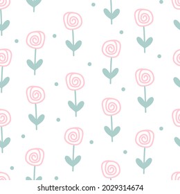Pastel flower seamless pattern vector illustration. Background with spiral flowers and dots. Template for wallpaper, kids room, textiles and packaging. Delicate baby pattern.