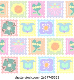 Pastel Flower Stamps Seamless Pattern Delicate Floral Design Springtime Textile Print Cute