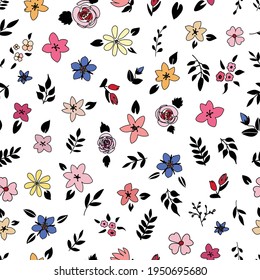 Pastel flowers with black outline and black leaf over white background seamless pattern