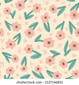 Pastel flowers with leaves seamless repeat pattern. Random placed, cute vector botany plants all over print on beige background.