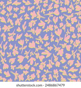 Pastel flowers with leaves and shadows seamless repeat pattern. Random placed, vector botany aop, all over surface print on lilac background.