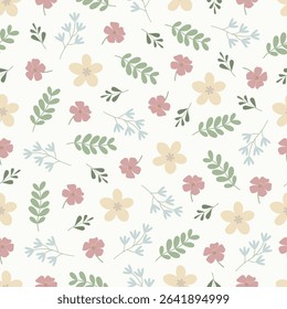 Pastel flowers seamless pattern. Floral vector surface design of Scandinavian flowers and leaves. Allover print flowery texture on ecru white color background.