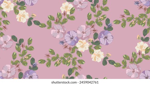 Pastel flowers seamless pattern on pink background for wrapping paper, print wallpaper and textile