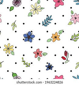 Pastel flowers varied over small black polka dot background seamless pattern. 