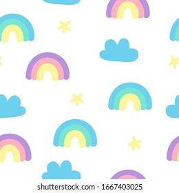 Pastel fluffy cute rainbow and clouds sky seamless pattern