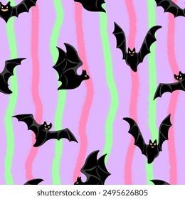 Pastel flying bats seamless pattern. Modern striped halloween print. Great for textile, fabric, wallpaper, wrapping, scrapbook and packaging