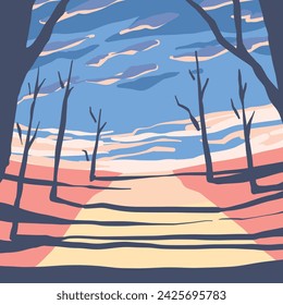 Pastel forest with road towards the sky vector art