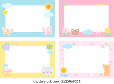 Pastel frame with cat, butterfly, flowers, sun, cloud, cake, heart for polaroid frame, banner, print, pet, rescue animal, vet, ad template, social media, post card, name tag, nature, garden, summer