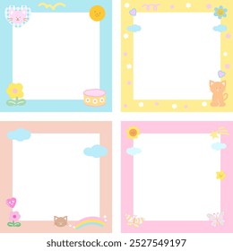 Pastel frame set with cat, heart, flower, butterfly, rainbow for polaroid photo, square ad template, social media post, decoration, notepads, sticky note, memo, animal print, spring, summer, picnic