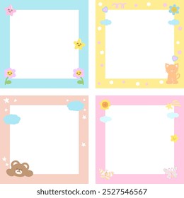 Conjunto de marco pastel con oso de peluche, gato, flor, mariposa, estrella, nube para foto polaroid, Plantilla de anuncio cuadrado, publicación de redes sociales, decoración, libretas, nota adhesiva, memo, animal print, primavera, verano