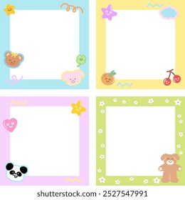 Conjunto de marco pastel con oso de peluche, perro, panda, corazón, cereza, naranja para foto polaroid, Plantilla de anuncio cuadrado, publicación de redes sociales, decoración, libretas, nota adhesiva, memo, animal print, afrutado, verano