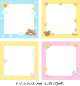 Pastel frame set with teddy bear, puppy, bunny, butterfly for background, wallpaper, polaroid photo, square ad template, social media post, notepad, sticky note, memo, paper design, book cover, card