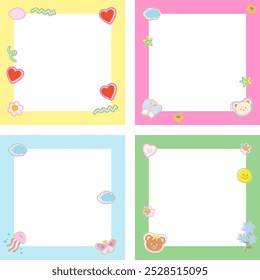 Pastel frame set with teddy bear, jellyfish, butterfly, red heart for background, wallpaper, polaroid photo, square ad template, social media, notepad, sticky note, memo, paper design, Valentine card