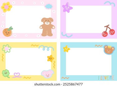 Pastel frame with teddy bear, puppy, cherry, orange, star, flower, clover leaf for polaroid frame, banner, animal print, zoo, souvenir shop, pet, vet, template, social media post, post card, name tag