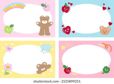 Pastel frame with teddy bear, puppy, apple, flowers, heart, rainbow, clover leaf for polaroid frame, banner, animal print, zoo, souvenir shop, pet, ad template, social media post, post card, name tag