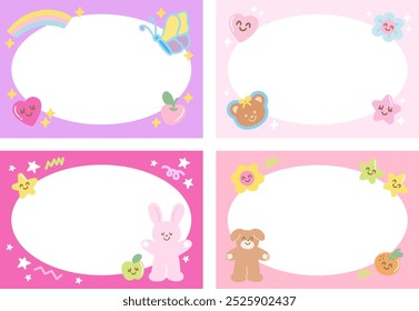 Pastel frames with butterfly, teddy bear, bunny, puppy, apple, flower for polaroid frame, banner, back to school, template, social media post, post card, name tag, sticker, zoo, souvenir shop, animal