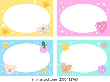 Pastel frames with puppy, butterfly, cat, cherry, flower, star, heart for background, wallpaper, backdrop, campaign banner, rectangle ad template, pet shop, social media post, post card, book cover