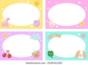 Pastel frames with puppy, dinosaur, cat cherry, clover leaf, rainbow, flower, star for background, wallpaper, backdrop, campaign banner, rectangle ad template, pet shop, social media post, post card