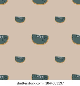 Pastel fruit seamless pattern with apple print. Doodle navy blue elements on light pink background. Graphic design for wrapping paper and fabric textures. Vector Illustration.