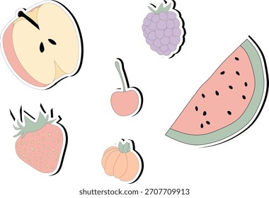 Pastellfruchtset mit Erdbeere, Brombeere, Wassermelone, Kirsche, Pitanga und Apfel im weichen, niedlichen Vektorstil. Perfekt für Aufkleber, Branding, Verpackungen, Schreibwaren und digitale Projekte.