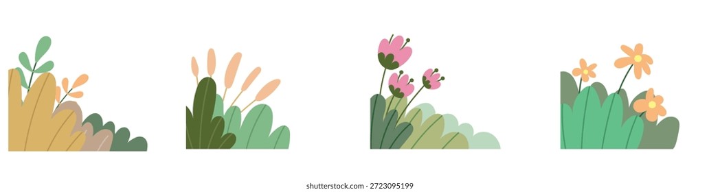 Pastel Garden Corner Elements with Flowers and Leaves
