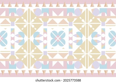 Pastel geometric Aztec style. Mosaic on the tile.  African Moroccan pattern. Ethnic carpet. Majolica. Ancient interior. Asian rug. Tribal vector ornament. Pillow case textile.