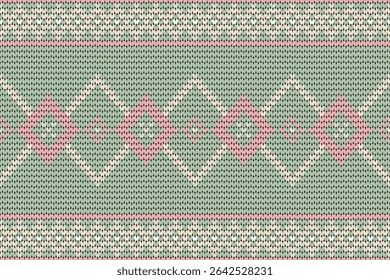 Pastel geometric knitted pattern features diamond motifs and subtle leaf‑inspired stitches in soft pink, cream, and sage green hues for cozy elegance