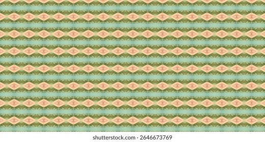 A pastel geometric pattern featuring diamond shapes in green and peach tones, accented by soft textures, creating a delicate, vintage-inspired background.