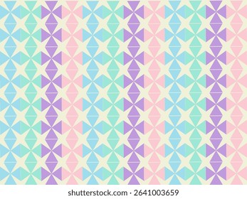 A pastel geometric pattern featuring stars and pinwheels in shades of purple, pink, blue, and cream arranged in vertical stripes.