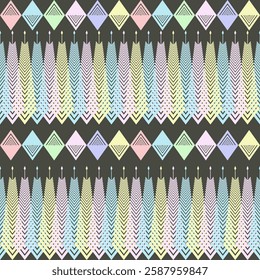  Pastel Geometric Pattern  The image showcases a symmetrical digital design featuring repetitive sequences of pastel-colored diamonds and chevrons.