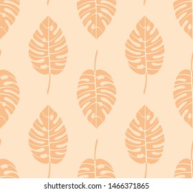 Pastel geometric seamless pattern with vertical rows of monstera tropical leaves with veins. Light, soft colors. Repeat symmetrical botanical pattern. Vector illustration.