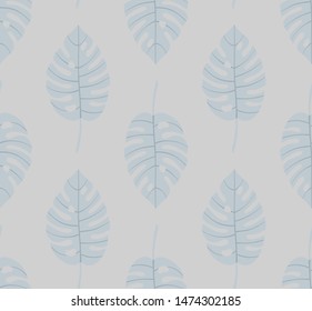 Pastel geometric seamless pattern with vertical rows of monstera tropical leaves with veins. Light, soft colors. Repeat symmetrical botanical pattern. Vector illustration.