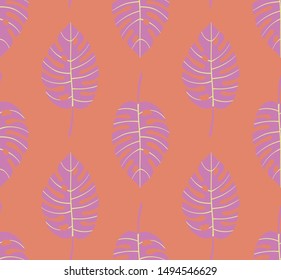 Pastel geometric seamless pattern with vertical rows of monstera tropical leaves with veins. Light, soft colors. Repeat symmetrical botanical pattern. Vector illustration.