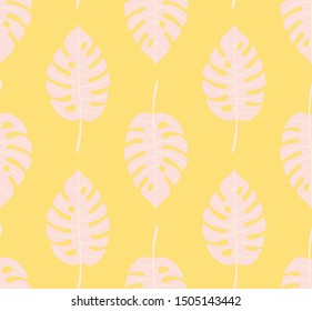Pastel geometric seamless pattern with vertical rows of monstera tropical leaves with veins. Light, soft colors. Repeat symmetrical botanical pattern. Vector illustration.