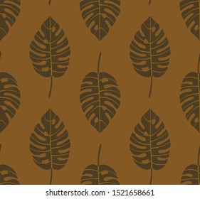 Pastel geometric seamless pattern with vertical rows of monstera tropical leaves with veins. Light, soft colors. Repeat symmetrical botanical pattern. Vector illustration.