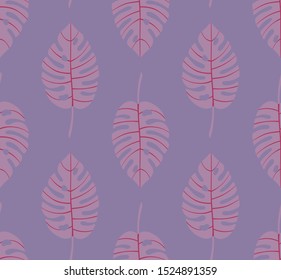 Pastel geometric seamless pattern with vertical rows of monstera tropical leaves with veins. Light, soft colors. Repeat symmetrical botanical pattern. Vector illustration.