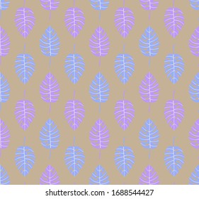 Pastel geometric seamless pattern with zigzag rows of monstera tropical leaves with veins. Repeat symmetrical botanical pattern. Vector illustration.