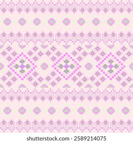 Pastel Geometric Textile Pattern, Soft Pink and Gray Woven Design, Traditional Geometric Fabric Texture, Delicate Ethnic Pattern with Diamond Motifs, Repeating Pastel Woven Background