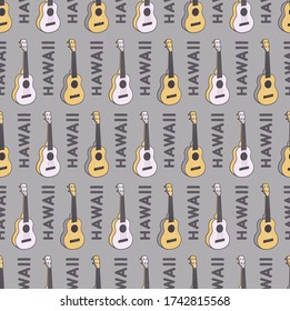 Pastel geometric typographic seamless pattern with hawaiian guitars. Repeat symmetrical pattern. Vector illustration.