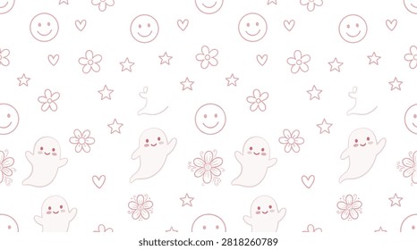 Pastel ghost illustrations on white background. Cute cartoon ghosts and symbols pattern. Halloween or sweet design element.