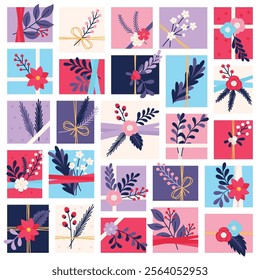 Pastel Gift Boxes with Delicate Botanical Decorations in Grid Design for Celebrations