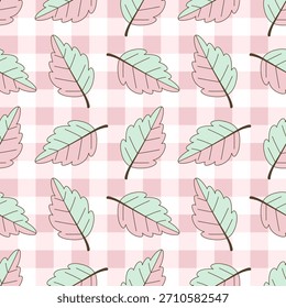 Patrón de cuadros de guinga pastel con menta dibujada a mano y hojas rosadas, diseño de fondo de otoño sin fisuras