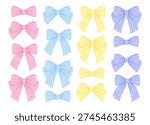 Pastel Gingham Ribbon Bows Collection. Pink, Blue, Yellow and Purple Checkered Decorative Vector Set